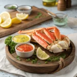Cooked crab legs served on a platter with lemon wedges and dipping sauces