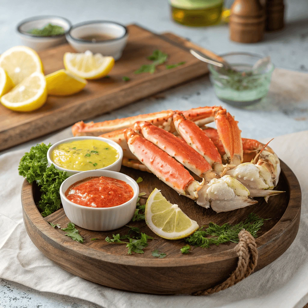 Cooked crab legs served on a platter with lemon wedges and dipping sauces