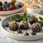 Plate of beautifully decorated chocolate covered blueberries with nuts and sprinkles