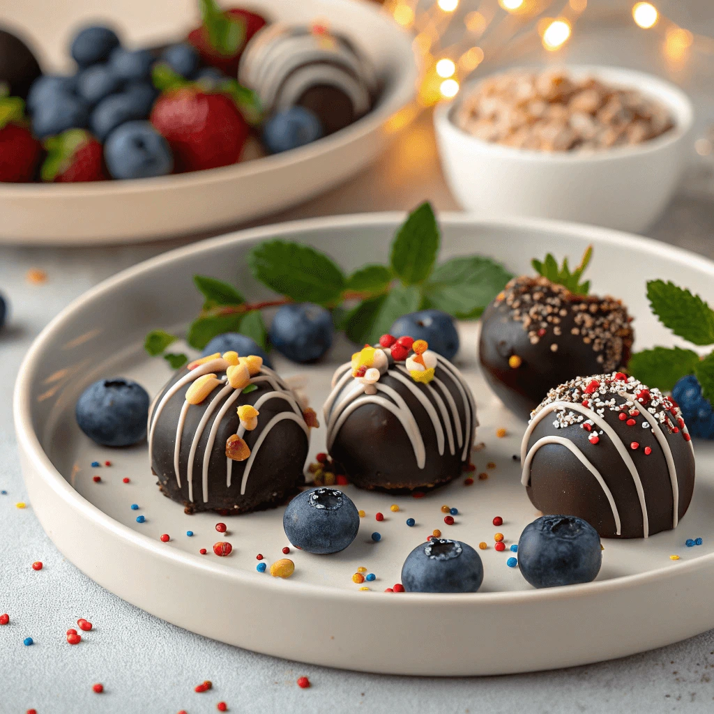 Plate of beautifully decorated chocolate covered blueberries with nuts and sprinkles