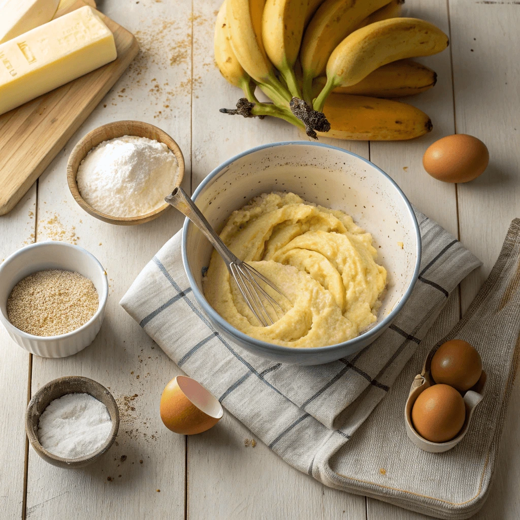 Mixing banana bread batter in a glass bowl with ripe bananas and ingredients