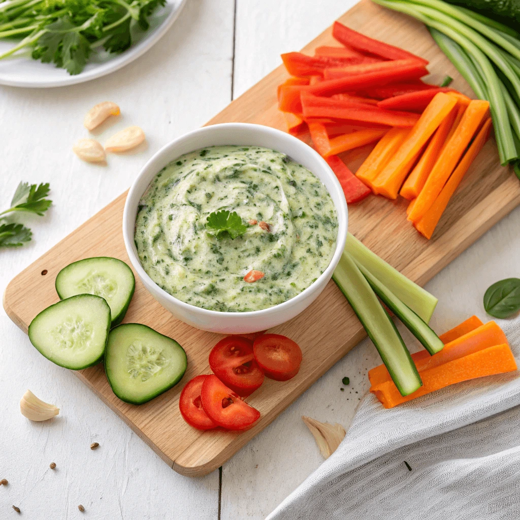 Creamy healthy spinach dip served in a white bowl with fresh vegetable dippers