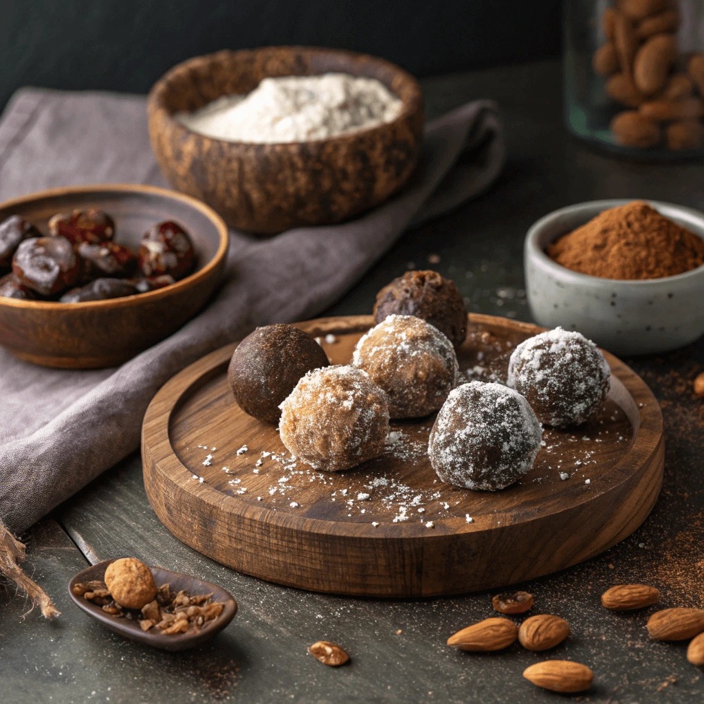 Raw energy balls made with dates, nuts, and cacao powder on a wooden plate