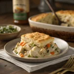 Serving a warm slice of homemade famous chicken cobbler on a plate
