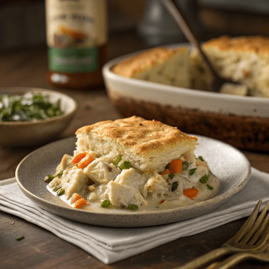 Serving a warm slice of homemade famous chicken cobbler on a plate