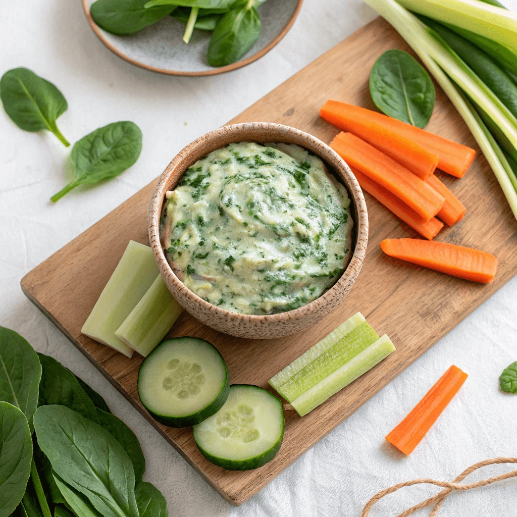 Creamy spinach dip in a glass bowl with a spoon and colorful vegetables for dipping