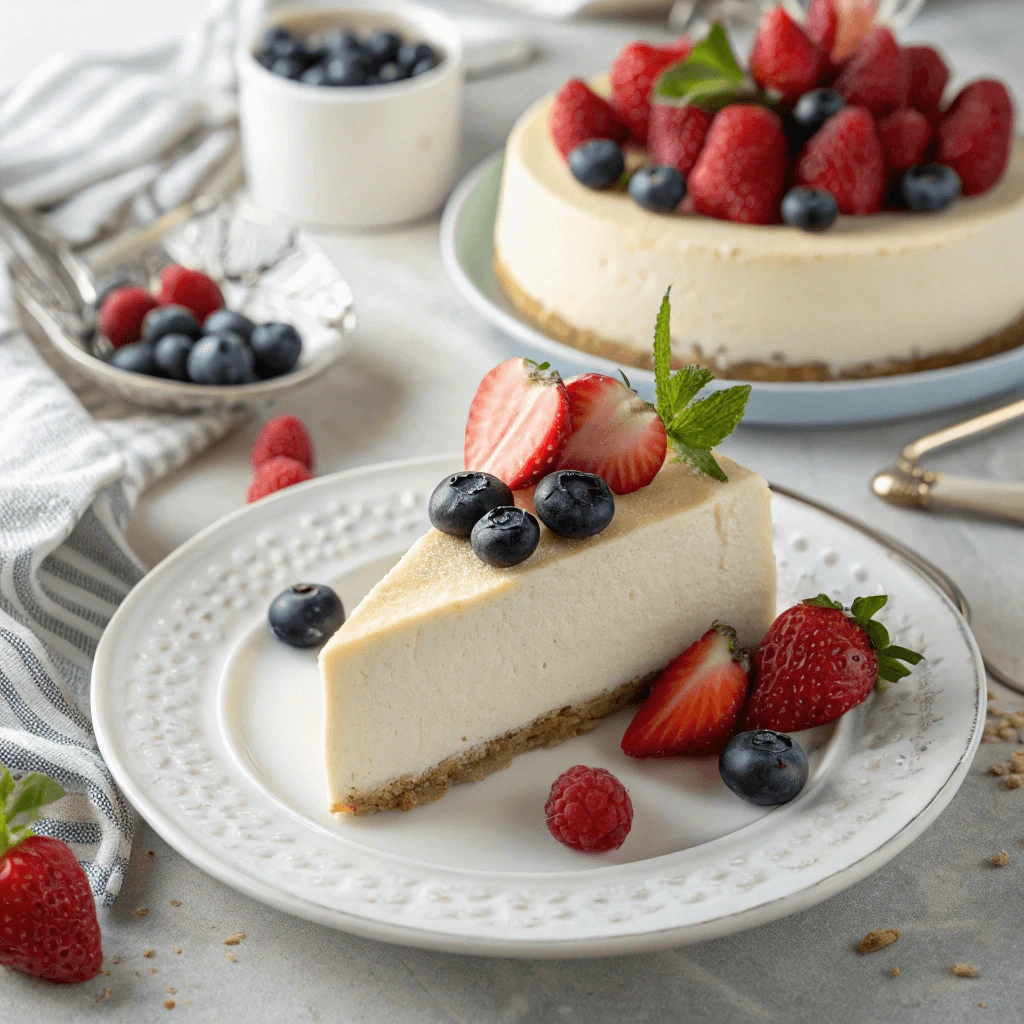 Slice of creamy protein cheesecake topped with fresh berries on a white plate.