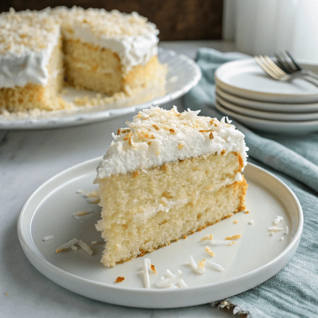 Slice of moist and fluffy coconut cake with shredded coconut topping on a white plate