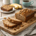 A sliced loaf of healthy banana bread with visible walnuts and moist texture on a wooden cutting board.