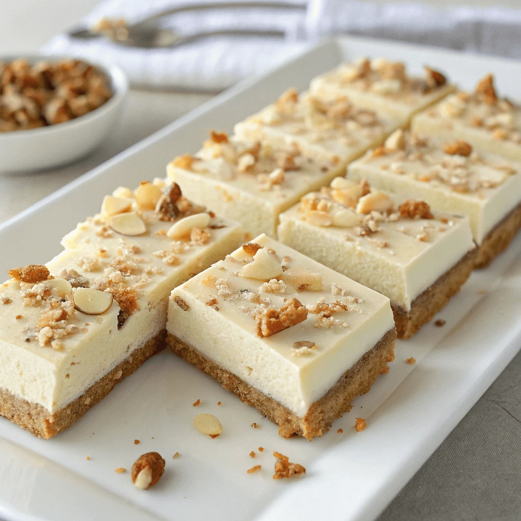 Sliced protein cheesecake bars arranged on a white plate with nuts