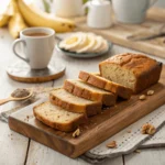 Sliced banana bread revealing its moist, fluffy interior