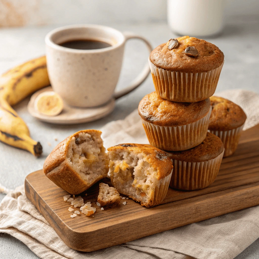 Close-up of moist and fluffy sourdough banana muffins stacked on a plate.