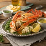 Steamed crab legs brushed with garlic butter sauce on a serving platter