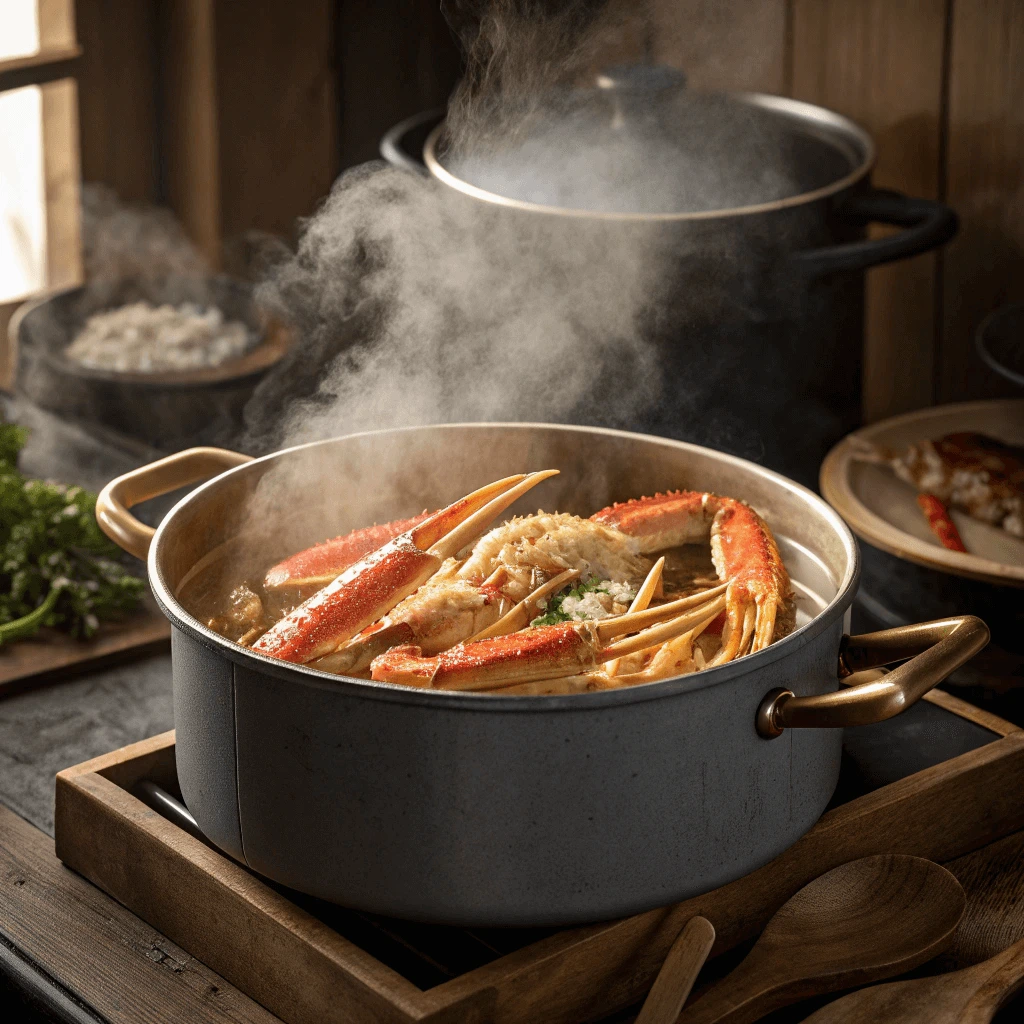 Steaming crab legs in a large pot with aromatic herbs