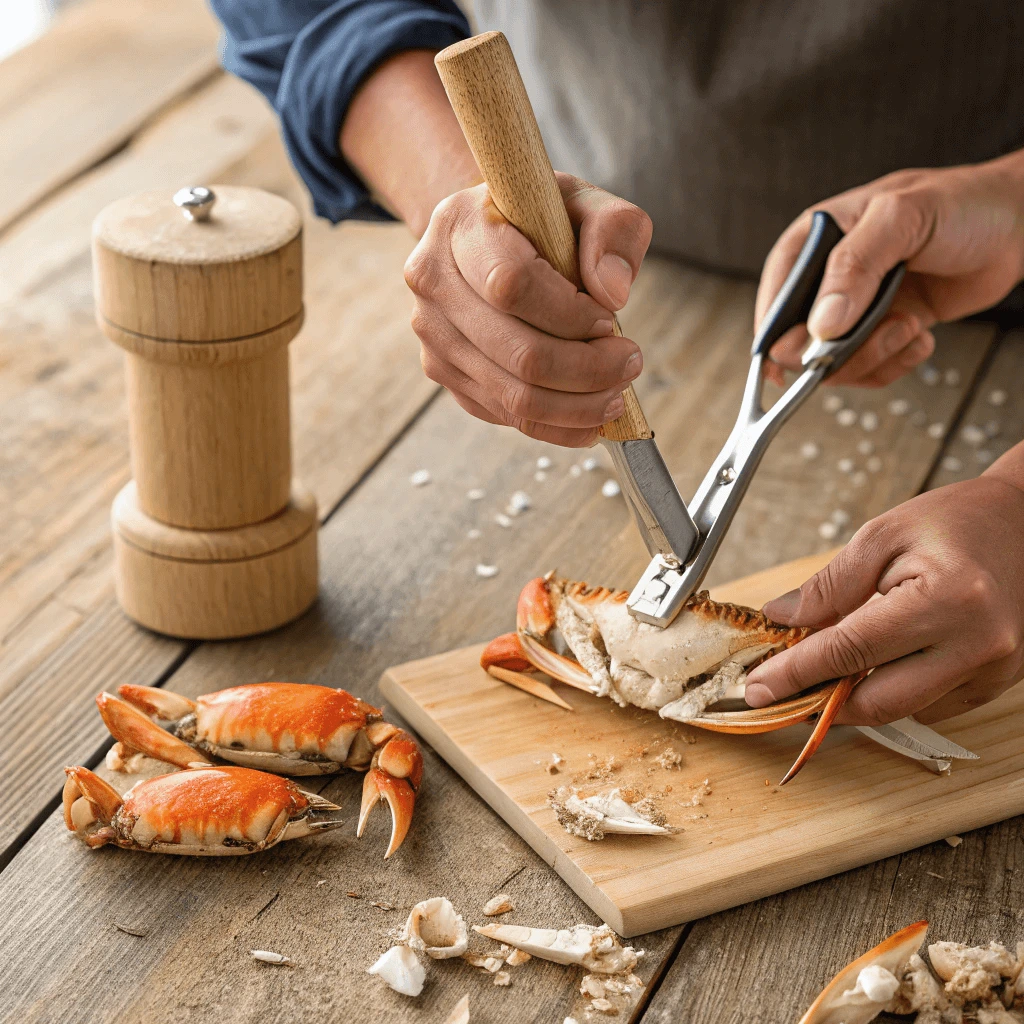 Step-by-step image of cracking crab legs using crab mallet and seafood scissors