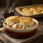 Golden-baked chicken cobbler with flaky biscuit topping fresh out of the oven