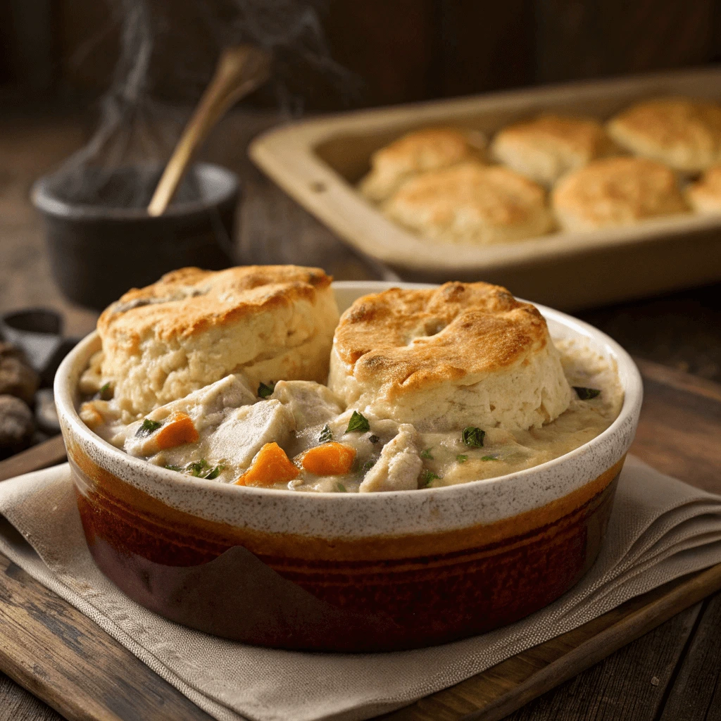 Golden-baked chicken cobbler with flaky biscuit topping fresh out of the oven