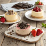 Three protein cheesecakes in different flavors on a wooden table