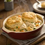 Golden biscuit topping on famous chicken cobbler fresh from the oven