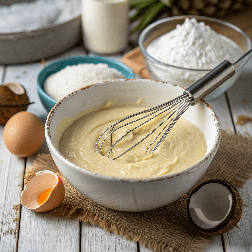 Mixing coconut cake batter in a glass bowl with a whisk