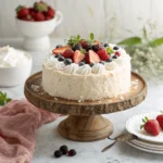 Whole healthy coconut cake decorated with fresh berries and coconut cream
