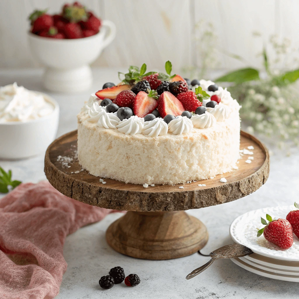 Whole healthy coconut cake decorated with fresh berries and coconut cream