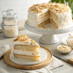 Whole layered coconut cake with creamy frosting and toasted coconut flakes