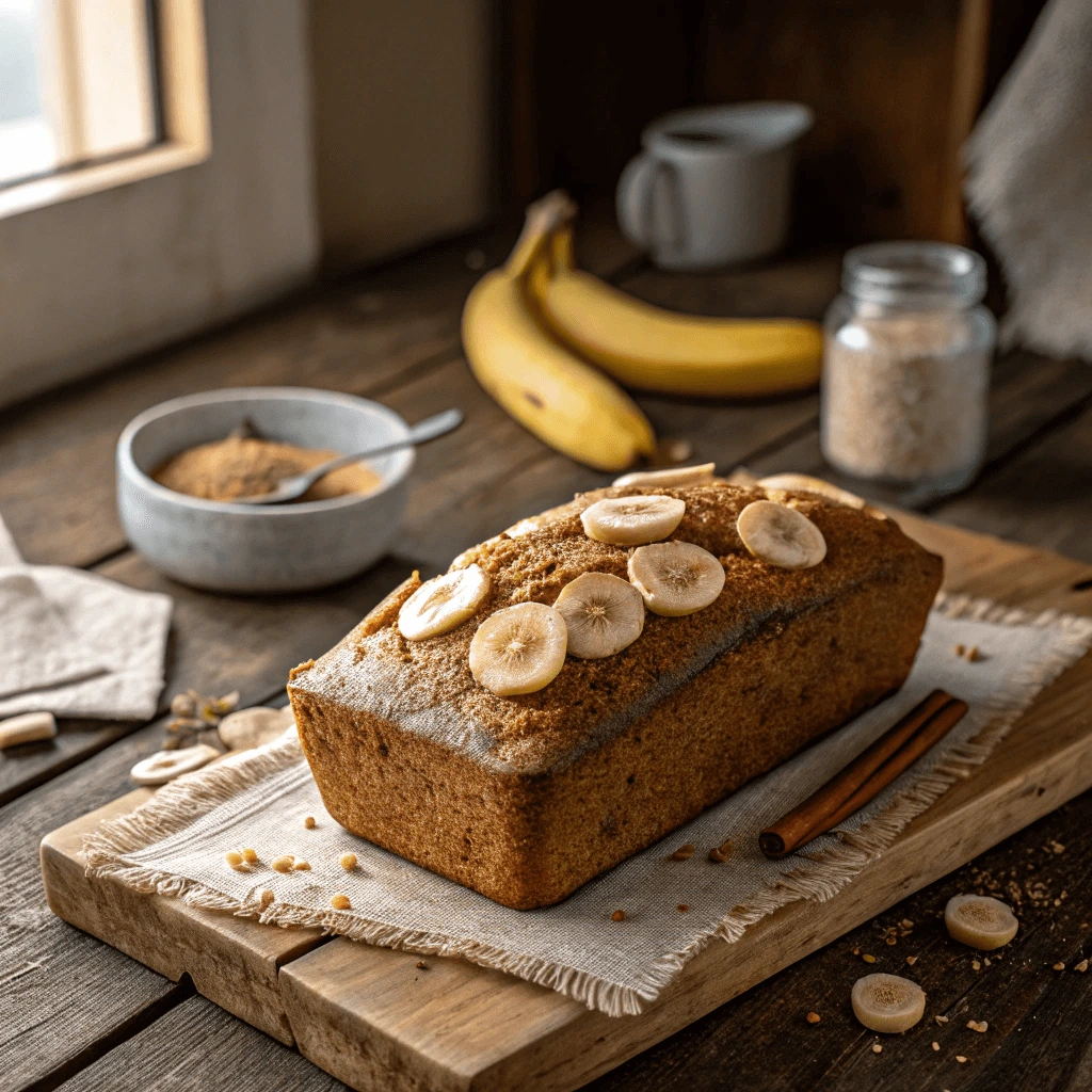 Close-up of a slice of whole wheat banana bread topped with fresh banana slices and cinnamon.