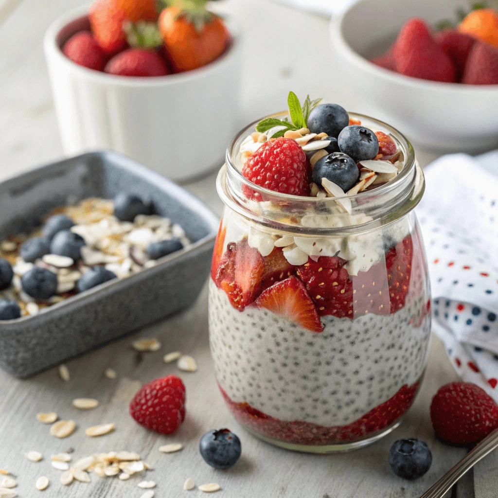 Chia pudding topped with berries, seeds, and shredded coconut in a glass jar
