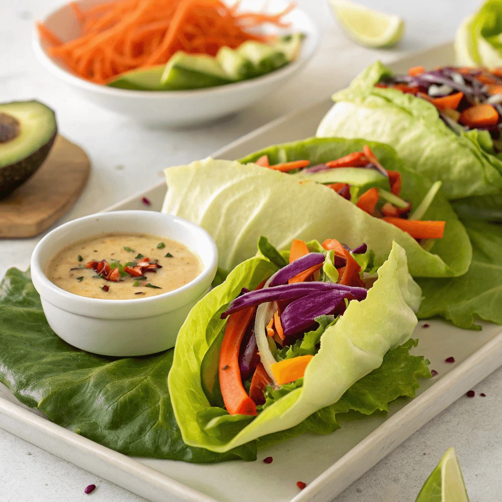 Colorful raw vegan lettuce wraps with fresh vegetables and dipping sauce