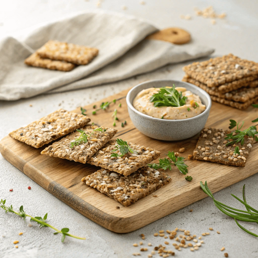 Raw vegan snack plate with flaxseed crackers and cashew cheese dip