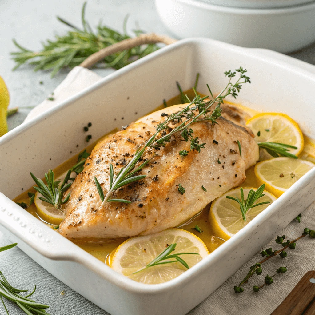 Easy baked chicken breast with herbs and lemon slices
