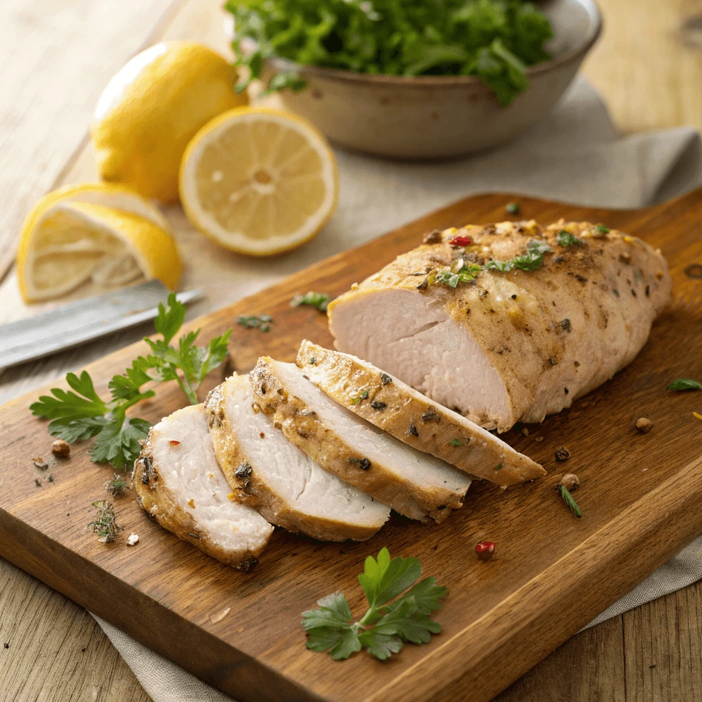 Juicy baked chicken breast sliced on a wooden cutting board