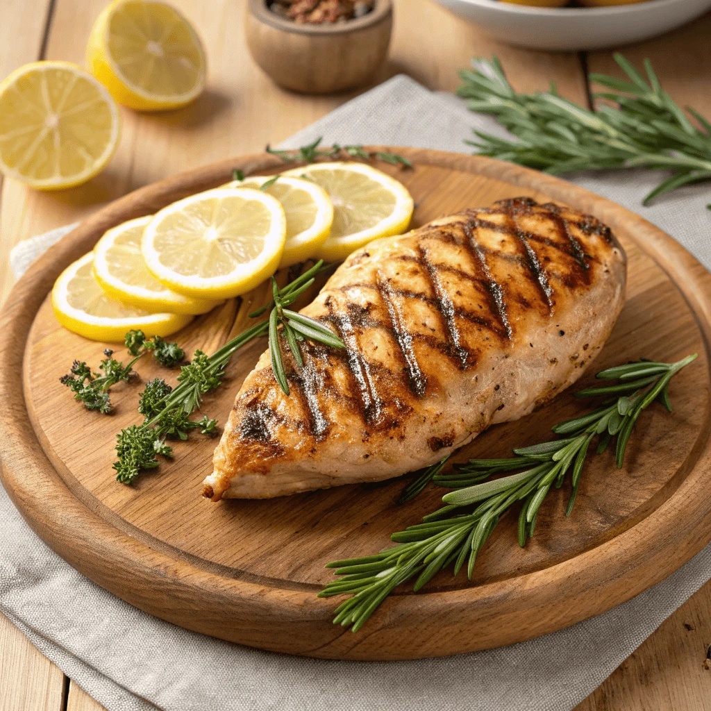 Juicy grilled chicken breast served with fresh herbs and lemon slices