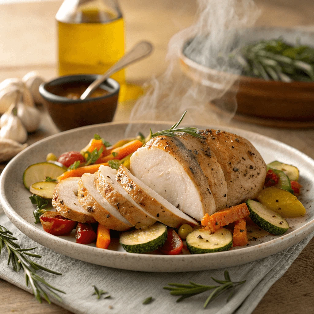 Moist baked chicken breast served with roasted vegetables
