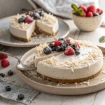 Raw vegan dessert: no-bake cashew cheesecake topped with shredded coconut and berries