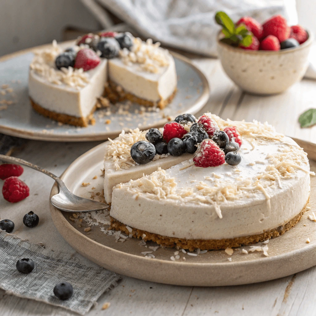 Raw vegan dessert: no-bake cashew cheesecake topped with shredded coconut and berries
