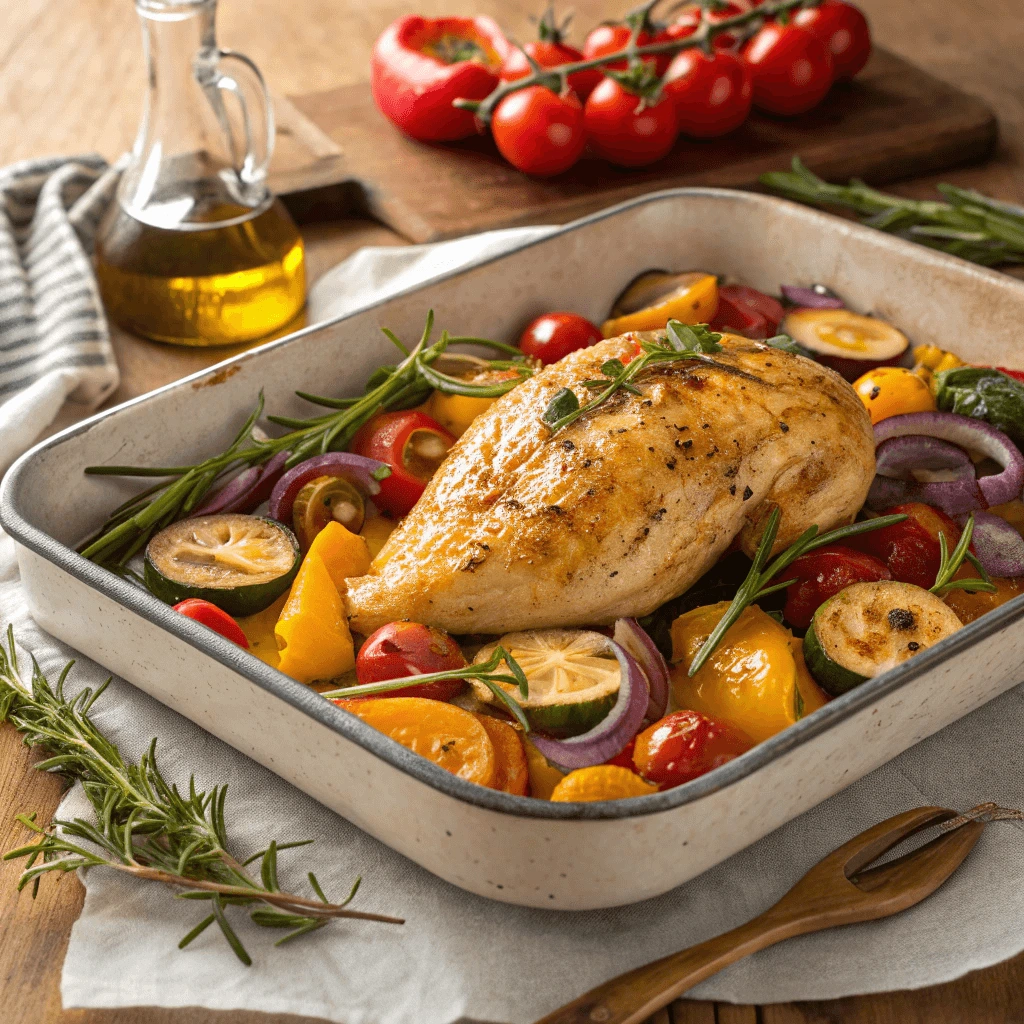 One-pan chicken breast with roasted vegetables on a baking tray