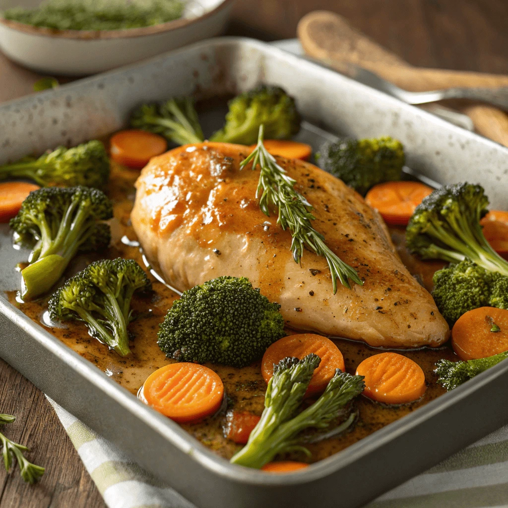 One-pan honey mustard chicken breast with broccoli and carrots