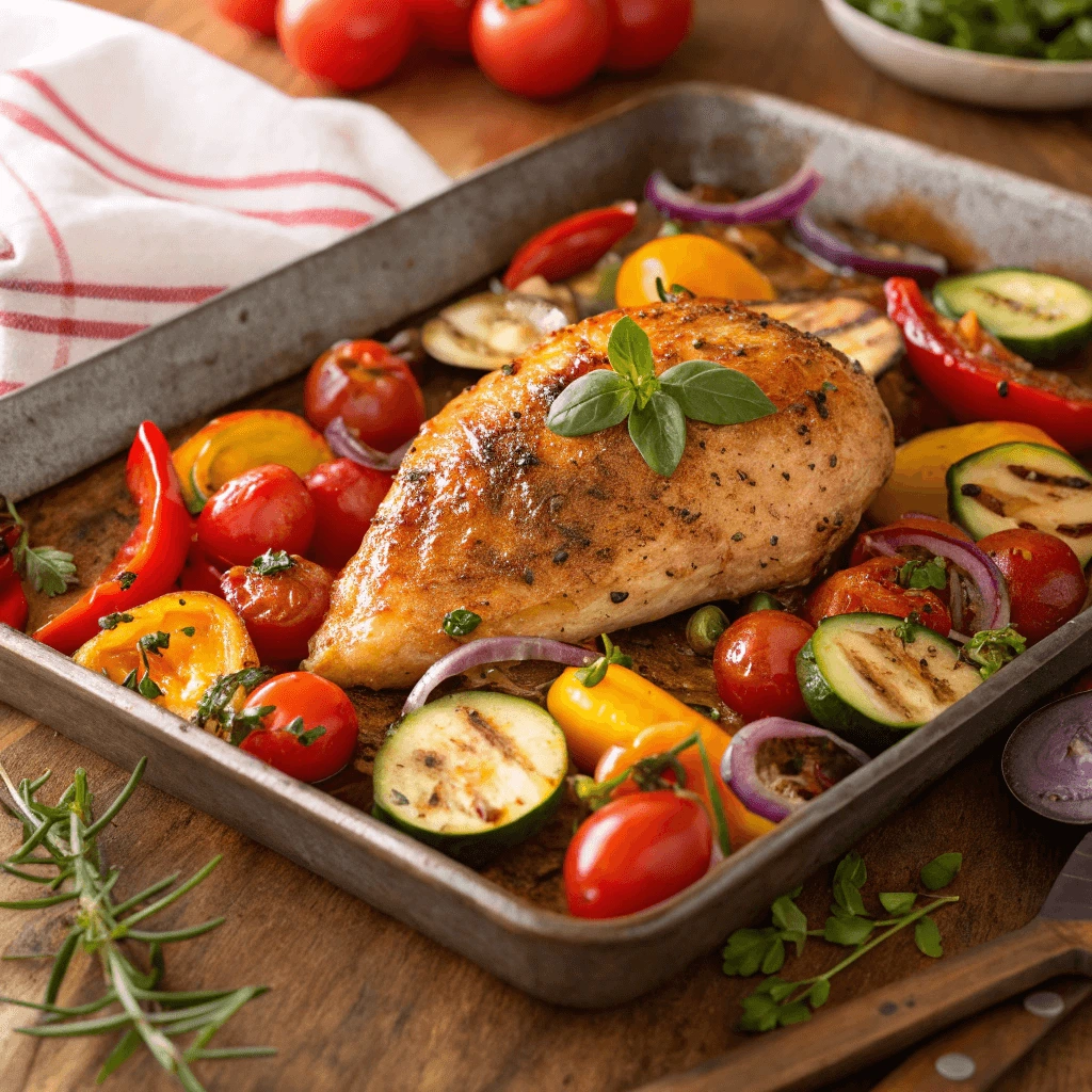 One-pan chicken breast with colorful vegetables fresh from the oven