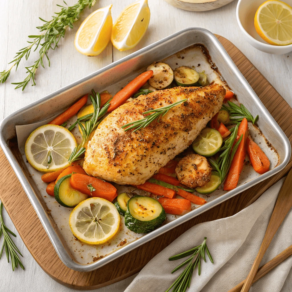 Oven-baked lemon pepper chicken breast with roasted vegetables
