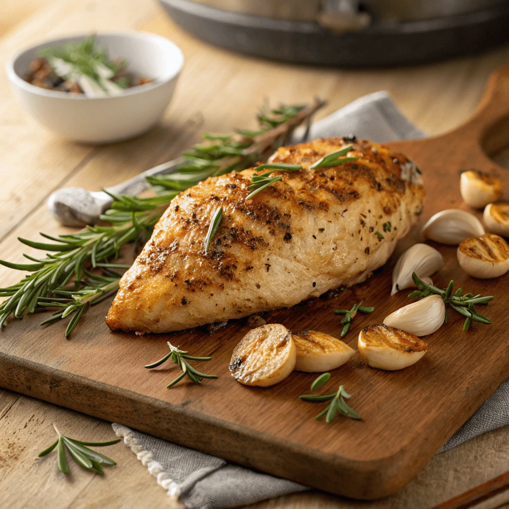 Pan-seared chicken breast with garlic and herbs on a wooden cutting board