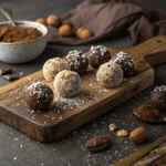 Raw vegan energy balls made with dates, cacao, and nuts on a wooden board