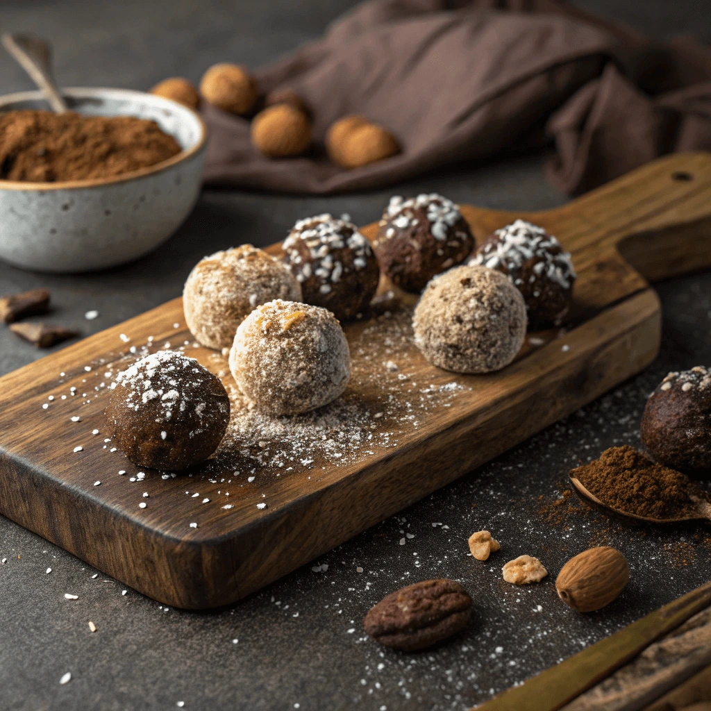 Raw vegan energy balls made with dates, cacao, and nuts on a wooden board