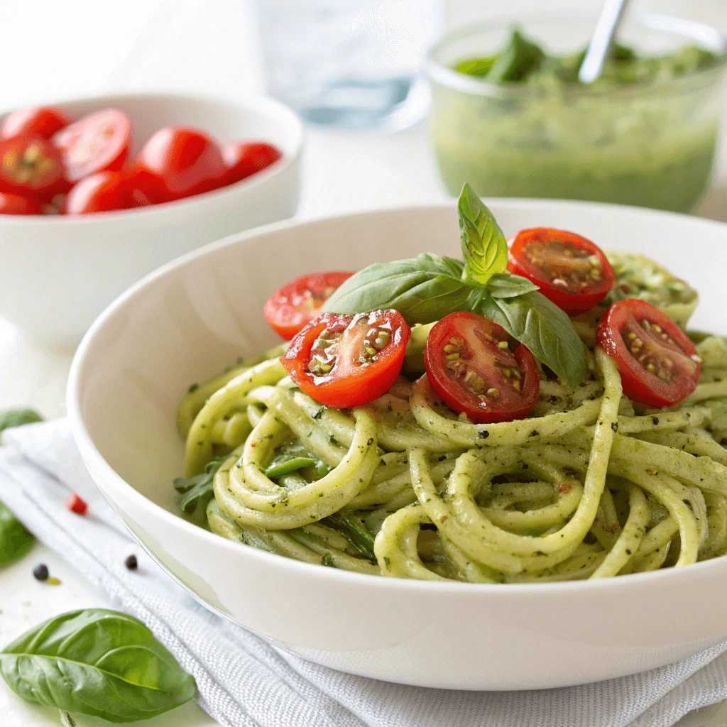 Raw zucchini noodles with avocado pesto and cherry tomatoes in a white bowl