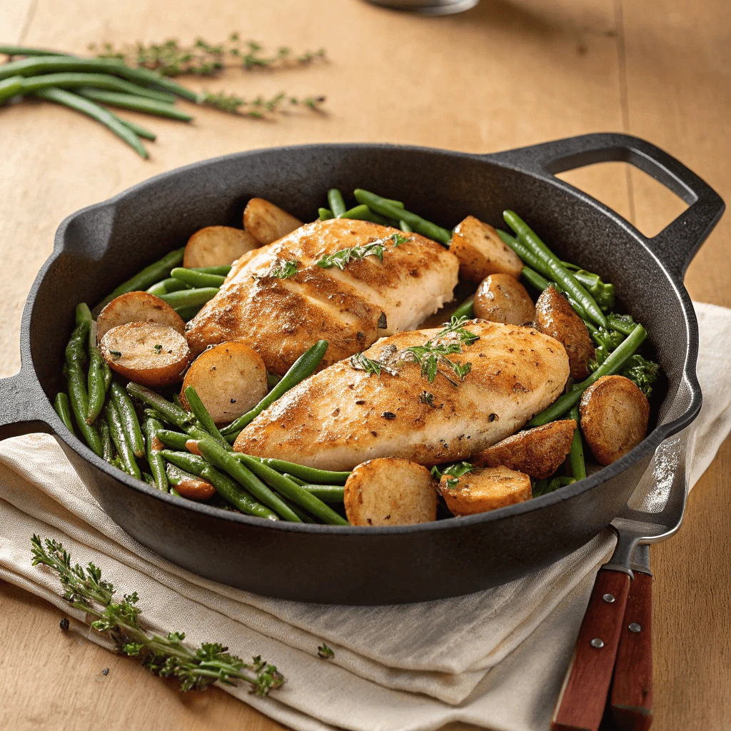 Skillet-cooked chicken breasts with green beans and potatoes