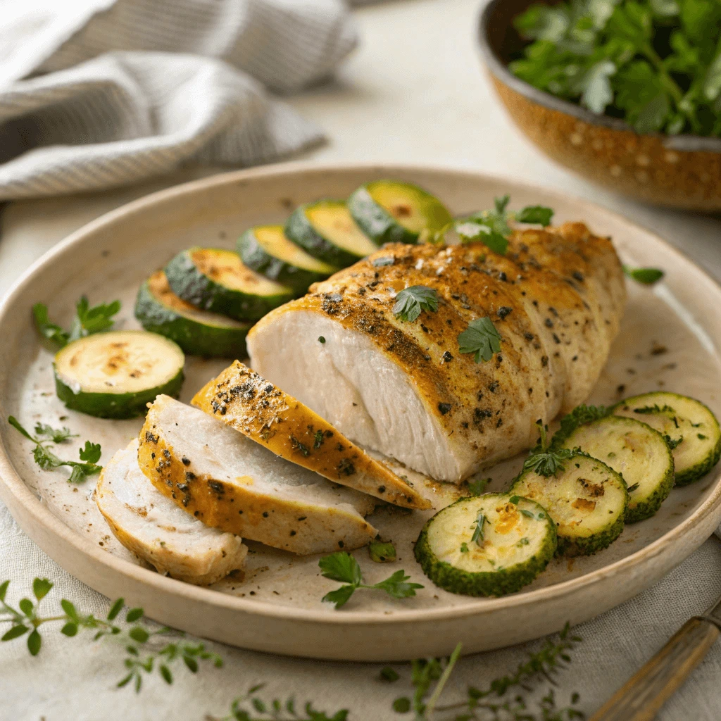 Sliced herb-roasted chicken breast served with baked zucchini