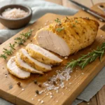 Golden brown baked chicken breast on a white plate