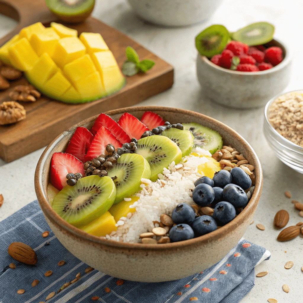 Colorful raw vegan breakfast bowl with fresh fruits, nuts, and seeds