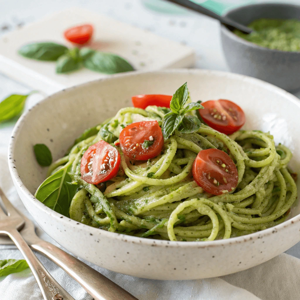 Zucchini noodles with creamy avocado pesto and cherry tomatoes in a raw vegan lunch